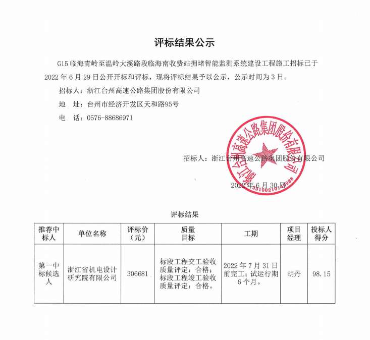 G15臨海青嶺至溫嶺大溪路段臨海南收費站擁堵智能檢測系統(tǒng)建設(shè)工程評標結(jié)果公示.png